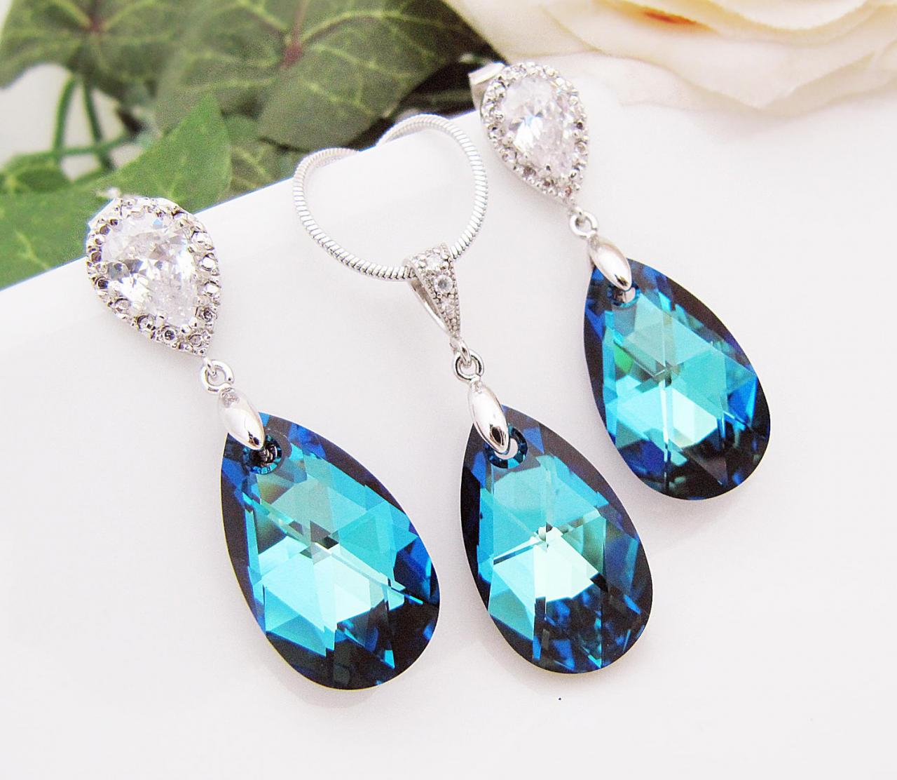 Something Blue Wedding Jewelry Bridal Jewelry Bridal Necklace Bridal Earrings (Large) bermuda blue Swarovski Crystal drops Bridesmaid Gifts
