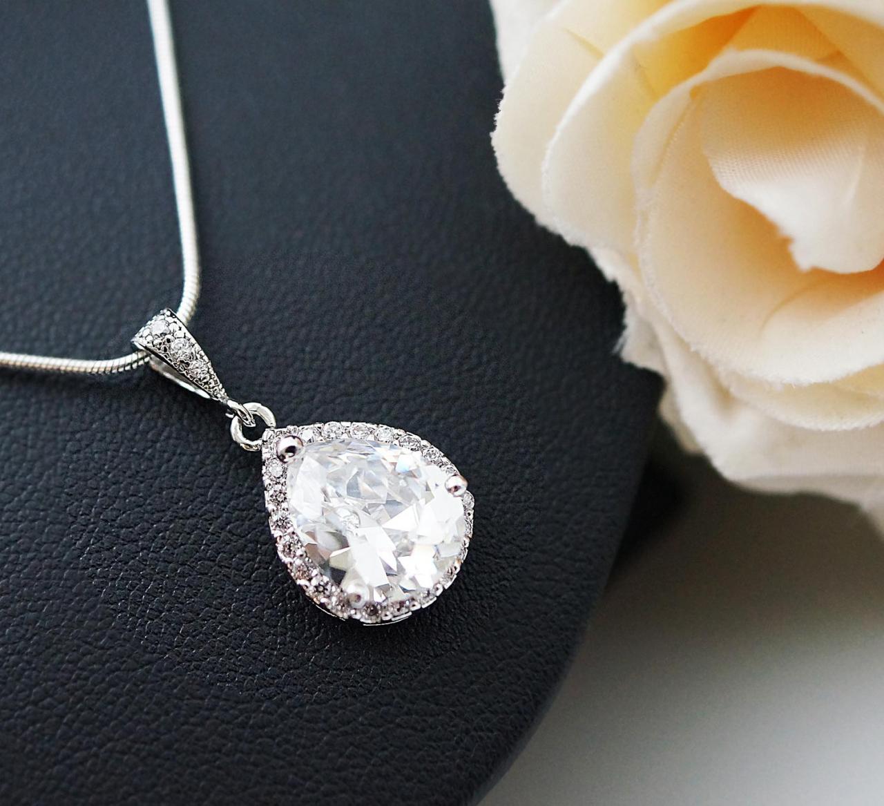 Wedding Jewelry Bridal Jewelry Bridal Necklace Clear White Lux Cubic Zirconia Tear Drops Necklace