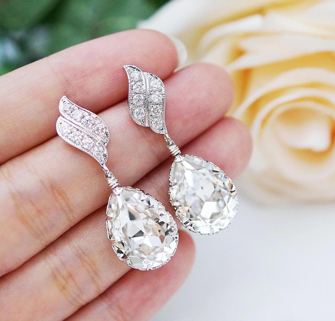 Wedding Jewelry Bridal Earrings Bridesmaid Dangle Earrings Lux Cubic Zirconia Earrings With Clear White Swarovski Crystal Tear Drop Earrings