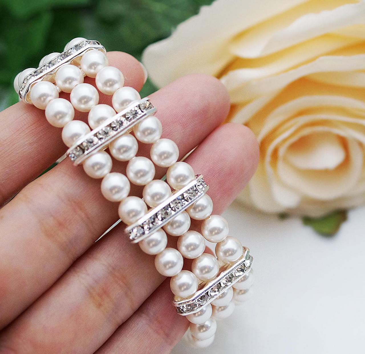 Wedding Jewelry Bridal Bracelet Bridesmaid Bracelet 3 Strands Of Crystal White Swarovski Pearls With Rhinestone Spacers Bracelet