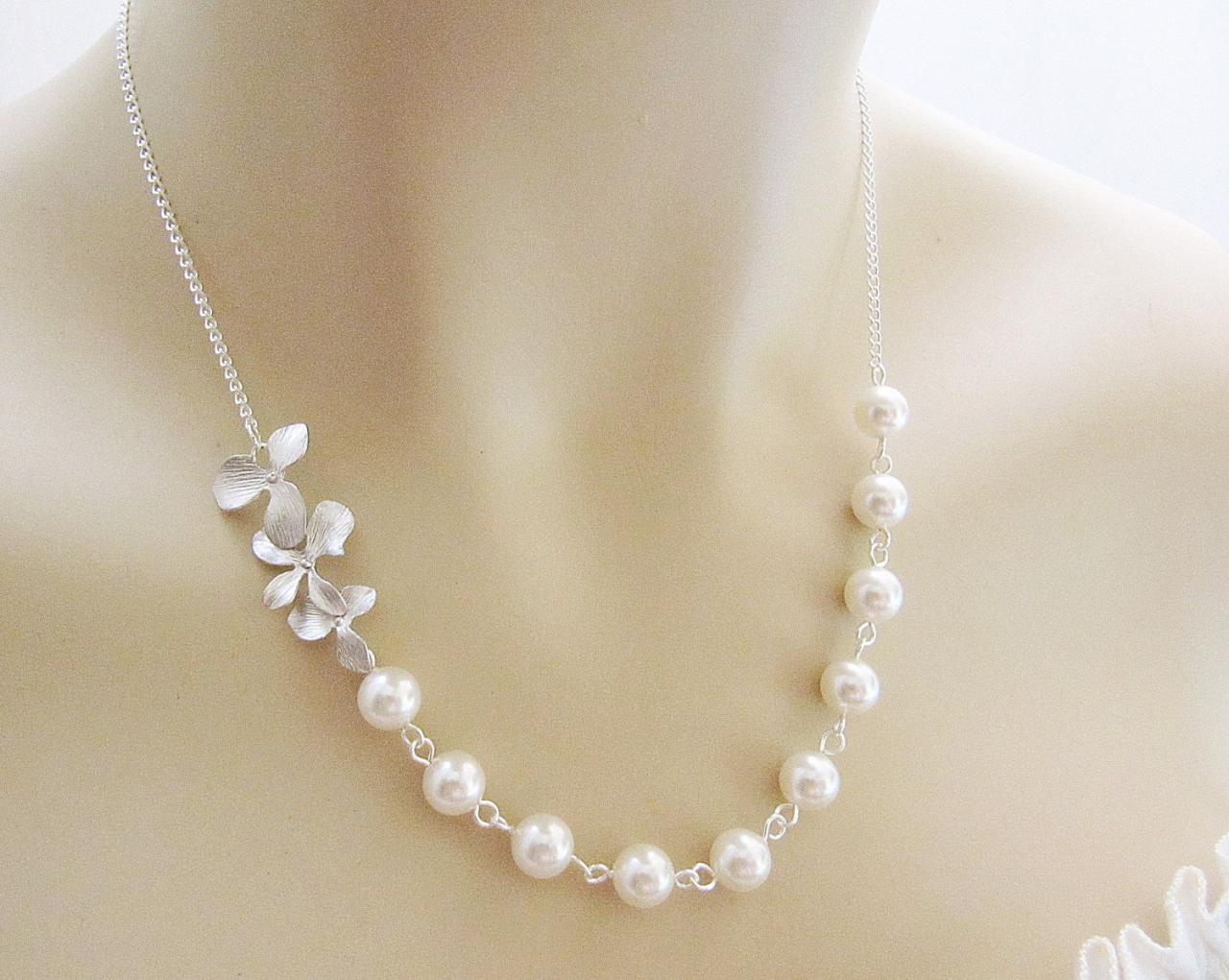 Wedding Jewelry Bridal Necklace Bridesmaid Necklace Matte Rodium Finish Orchid Trio Flower Charm And Crystal White Swarovski Pearls