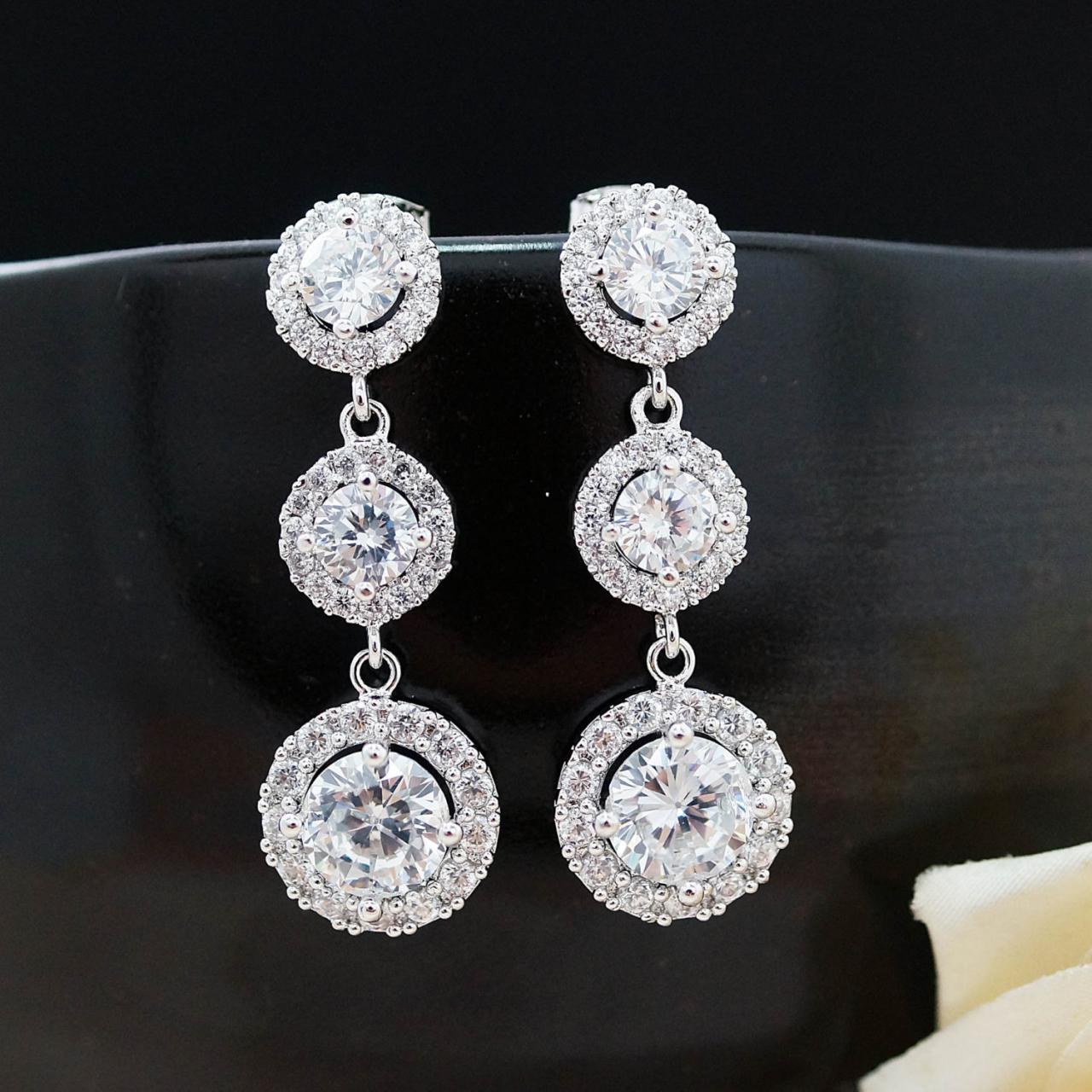Wedding Jewelry Bridal Jewelry Bridesmaids Gift Bridal Earrings Bridesmaid Earrings Luxury Cubic Zirconia Halo Style Dangle Earrings