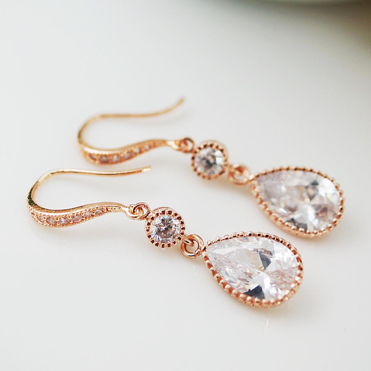 Wedding Jewelry Bridesmaids Gift Bridal Earrings Bridesmaid Earrings Rose Gold Cz Connectors With Cubic Zirconia Crystal Tear Drop Earrings