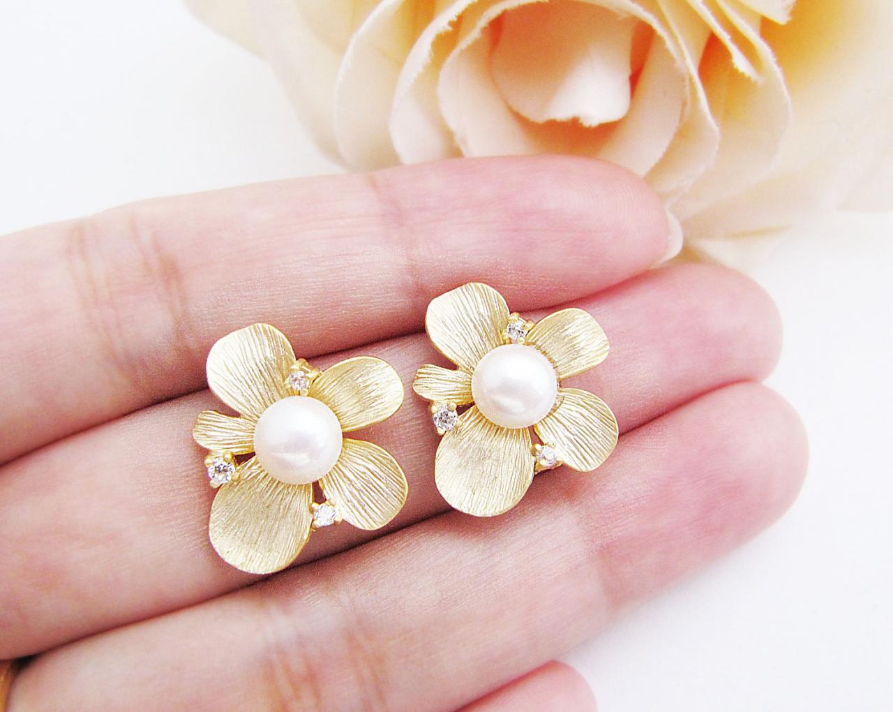 Bridal Earrings Bridesmaid Earrings - Beautiful Matte Gold Flower With Cubic Zirconia Sterling Silver Ear Posts And Freshwater Pearl