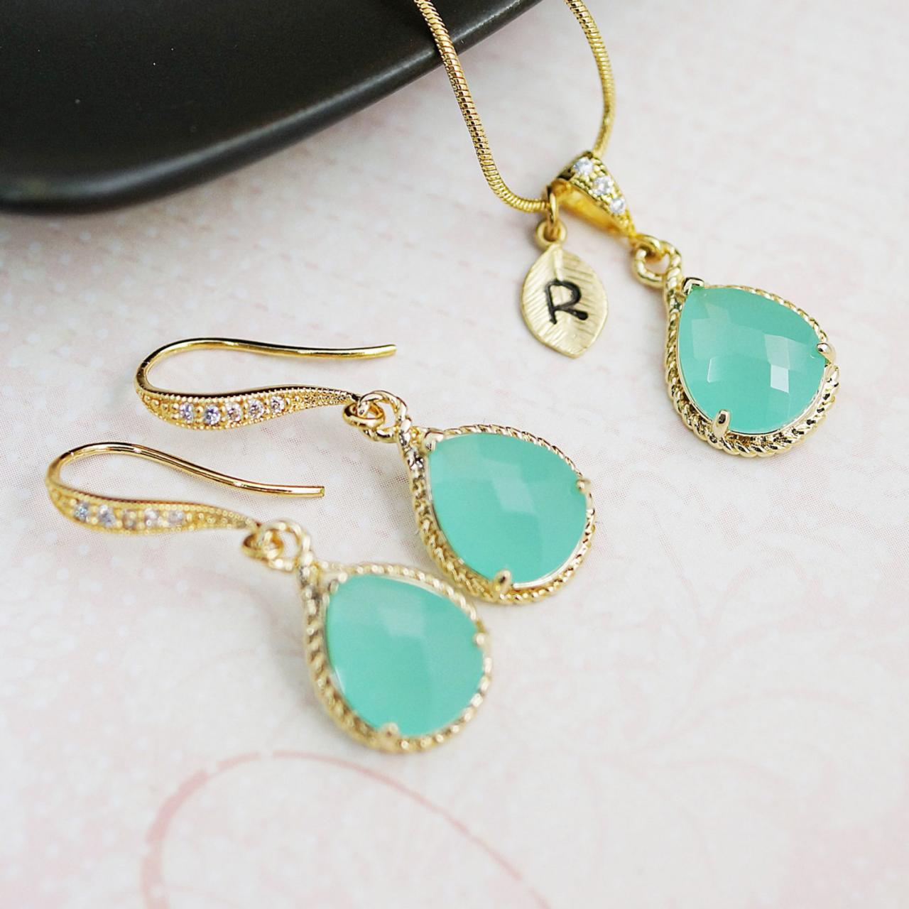 Wedding Jewelry Bridesmaid Gift Bridesmaid Necklace Bridesmaid Jewelry Set Personalized Mint Opal Glass Necklace And Dangle Earrings