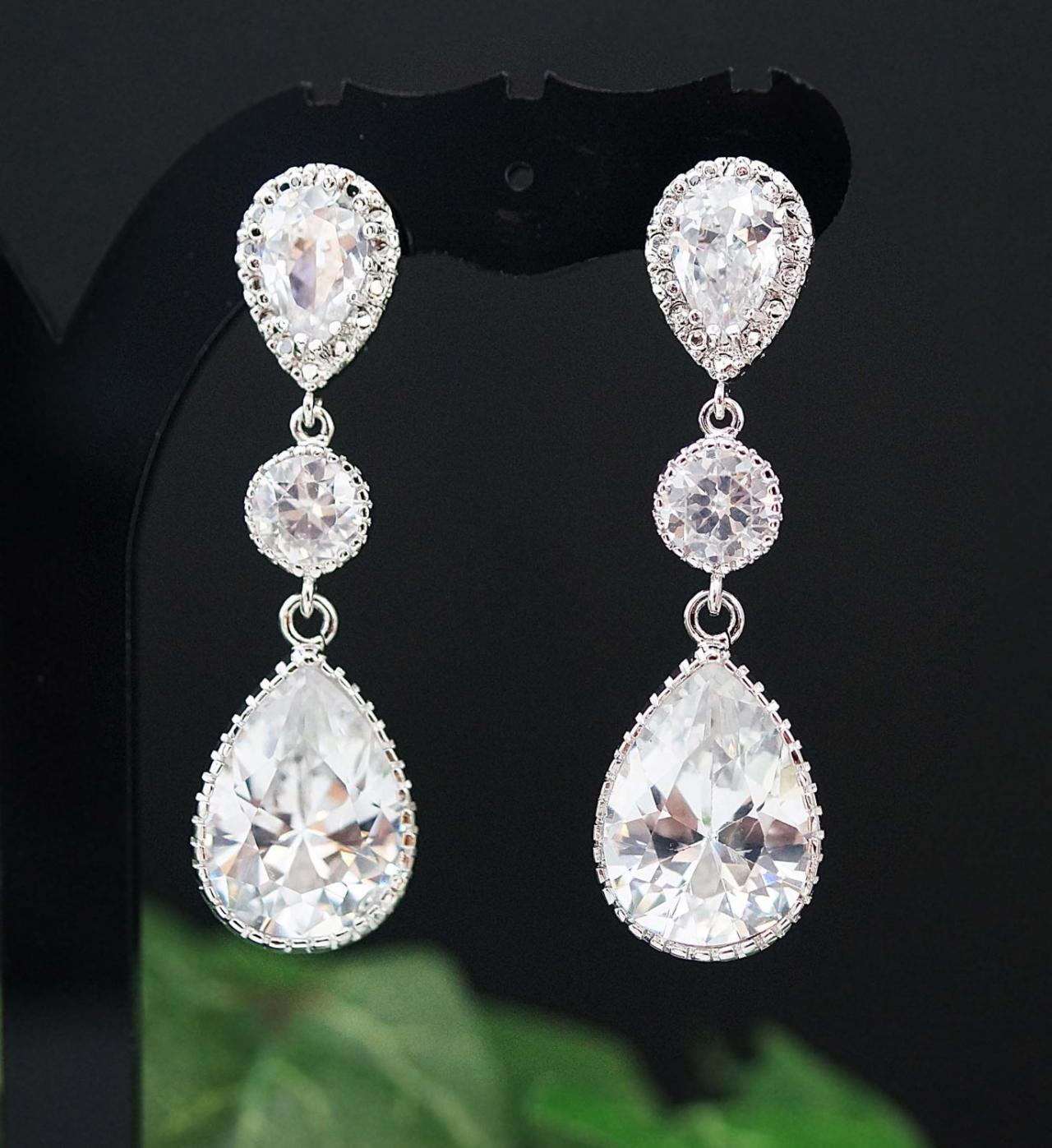 Wedding Bridal Jewelry Bridal Earrings Dangle Earrings Cubic Zirconia Connectors And Clear Large Cubic Zirconia Tear Drop Bridesmaid Gift