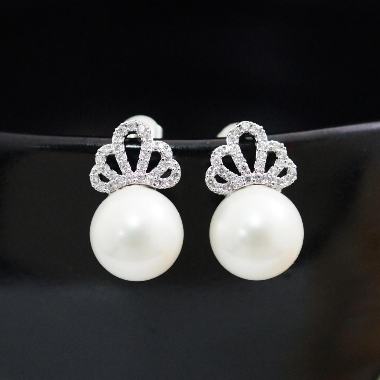 Wedding Jewelry Bridal Earrings Bridesmaid Earrings Cz Ear Posts With White Shell Based Pearl Dangle Earrings Pearl Jewelry Pearl Earrings