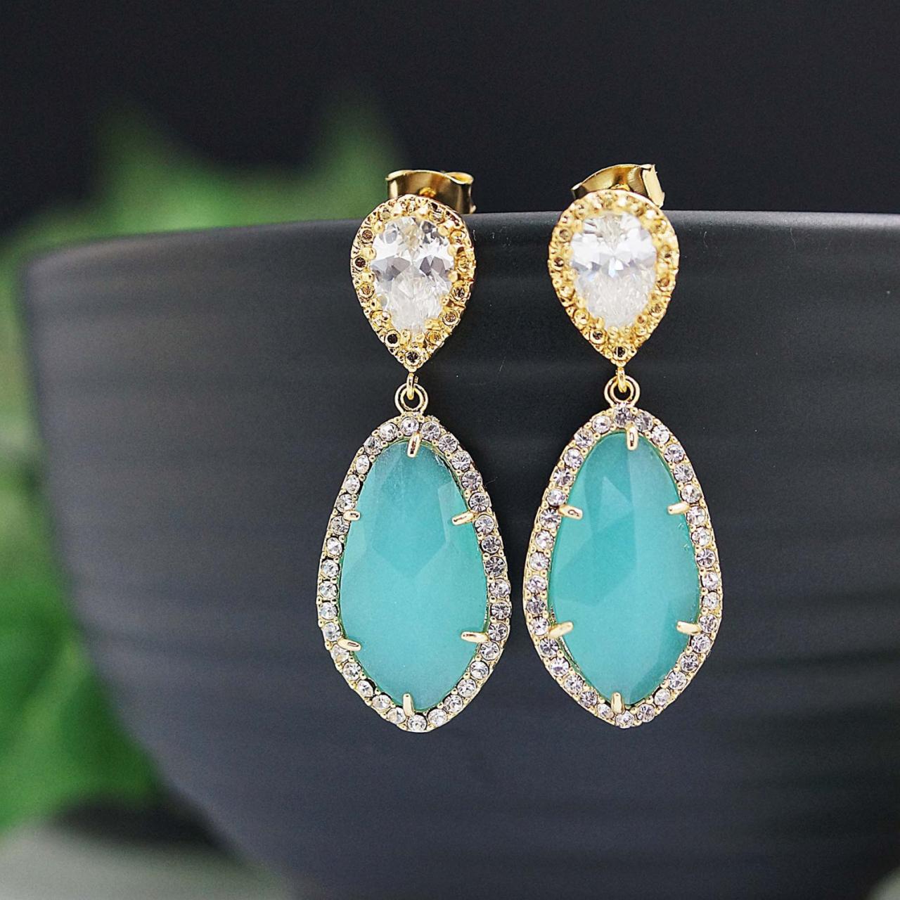 Wedding Jewelry Bridal Earrings Bridesmaid Earrings Dangle Earrings Lux Mint Opal With Cubic Zirconia Drop Earrings
