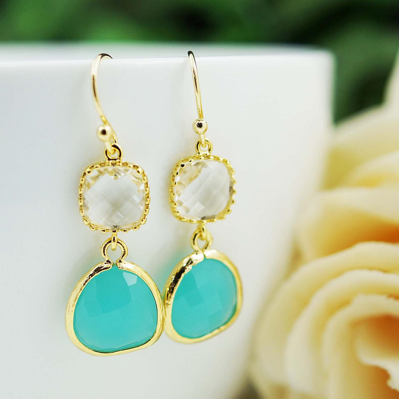 Wedding Jewelry Bridesmaid Gift Bridesmaid Earrings Dangle Earrings Gold Framed Clear White And Mint Opal Glass Drop Earrings