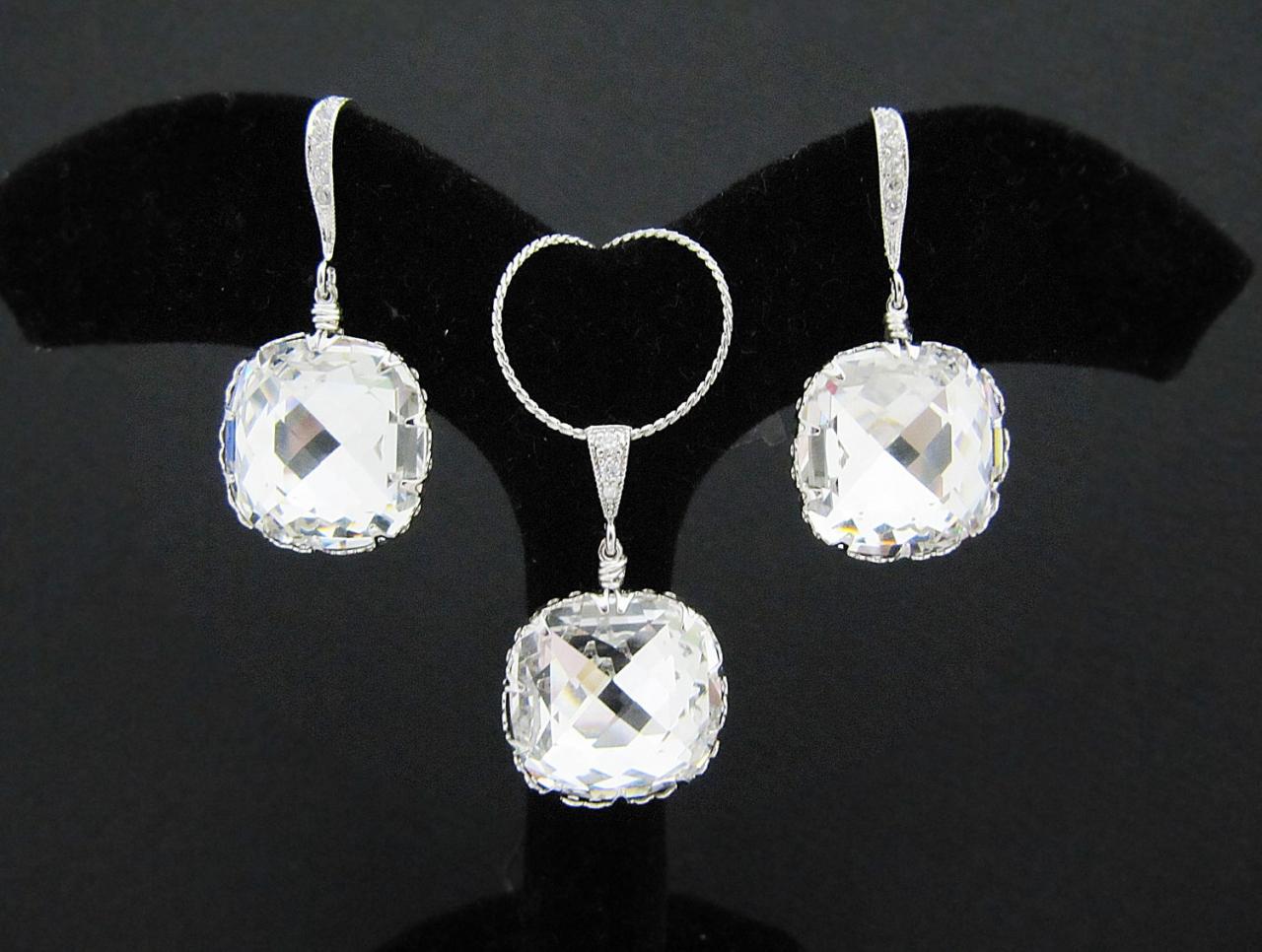Bridal Necklace And Bridal Earrings Jewelry Set - Clear White Swarovski Crystal (large) Classical Square Drops