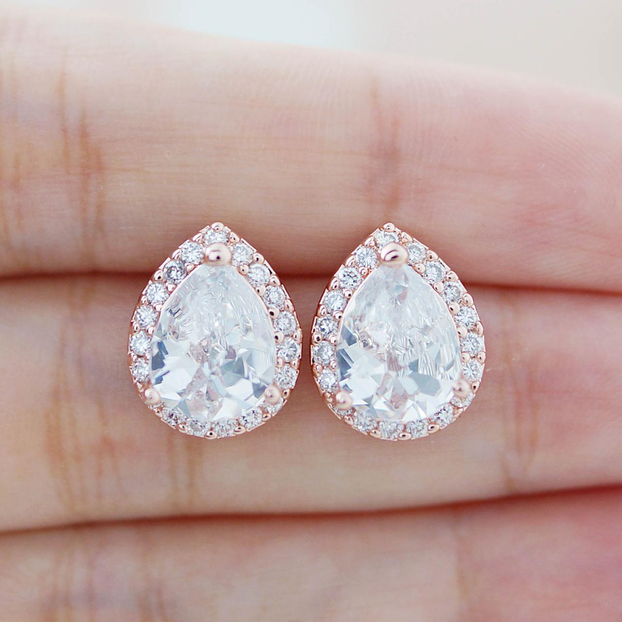 Wedding Jewelry Bridal Jewelry Bridal Earrings Bridesmaid Gift Bridesmaid Jewelry Rose Gold Plated Lux Cubic Zirconia Tear Drops Ear Posts