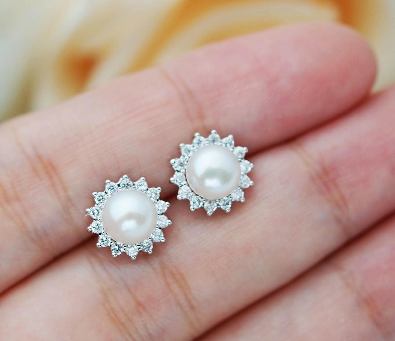 Wedding Jewelry Bridal Earrings Bridesmaid Earrings Cubic Zirconia Ear Posts With White Shell Based Pearl Earrings Pearl Jewelry