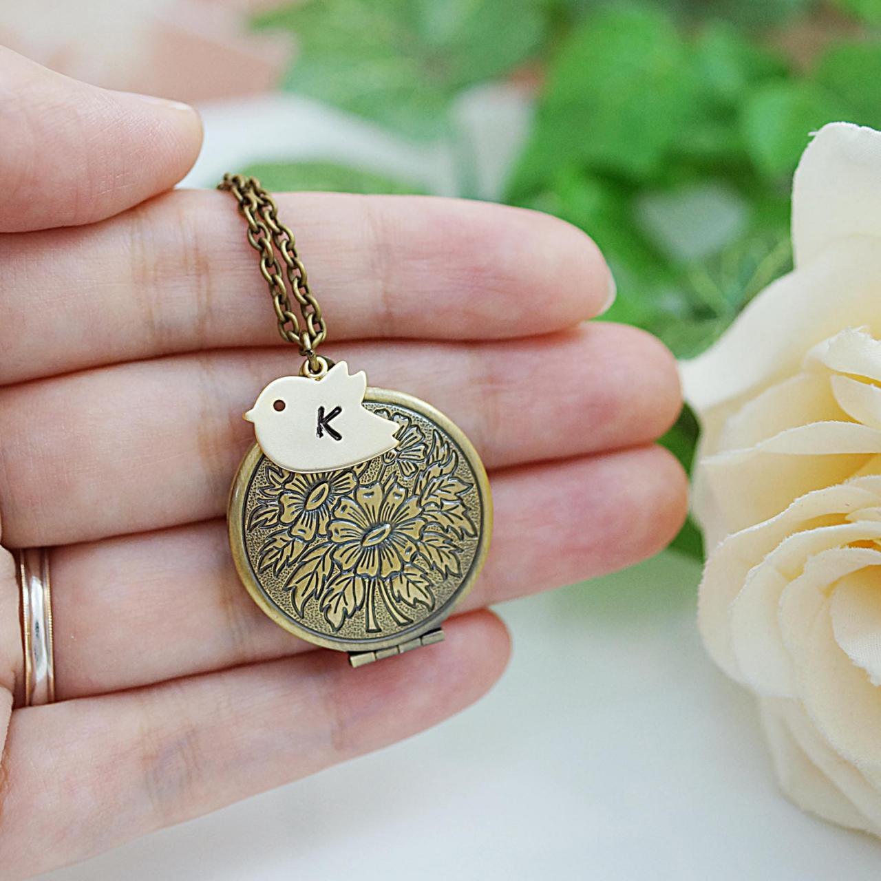 Bridesmaid Gift Bridesmaid Necklace Vintage Style Antique Brass Locket With Personalized Bird Charm Necklace, Christmas Gift For Her