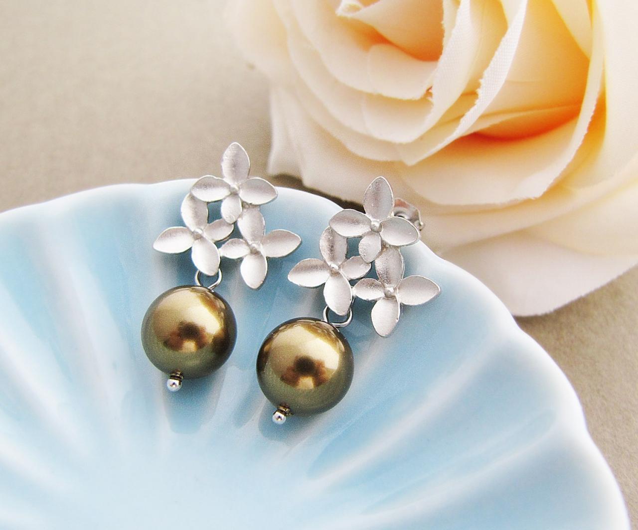 Destiny - Matt Silver Plated Flower Ear Posts With Antique Brass Swarovski Pearls