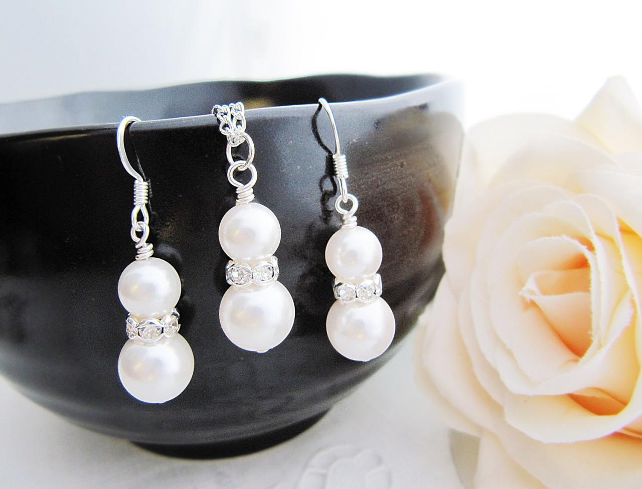 Bridal Earrings Bridal Necklace Sweet Crystal White Swarovski Pearls With Rhinestone Rondelles Bridal Jewelry Bridesmaid Gift