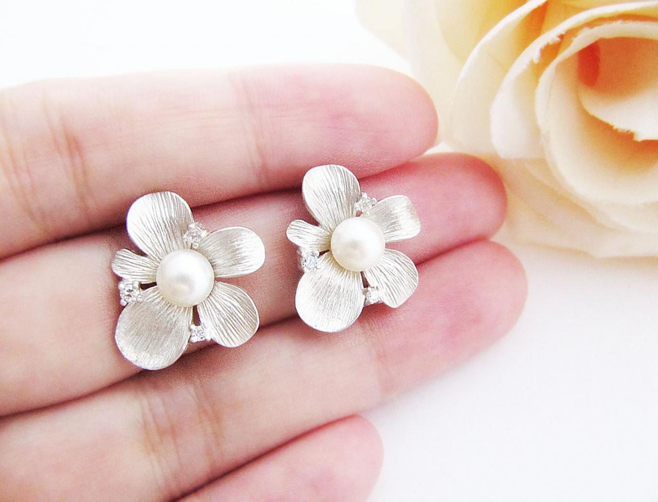 Bridal Earrings Bridesmaid Earrings - Beautiful Matte Silver Flower With Cubic Zirconia Sterling Silver Ear Posts And Freshwater Pearl