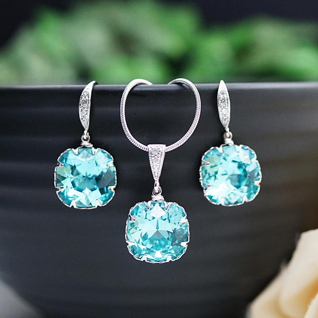 Weddings Bridesmaid Gifts Bridesmaid Earrings Light Turquoise Swarovski Crystal Square Drops Jewelry Sets Dangle Earrings