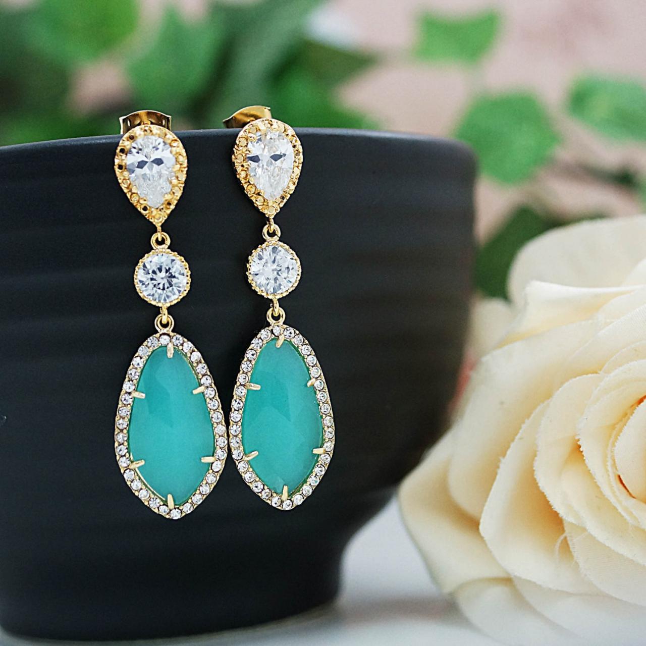 Wedding Jewelry Bridesmaids Gift Bridal Earrings Bridesmaid Earrings Dangle Earrings Lux Mint Opal Glass With Cubic Zirconia Drop Earrings