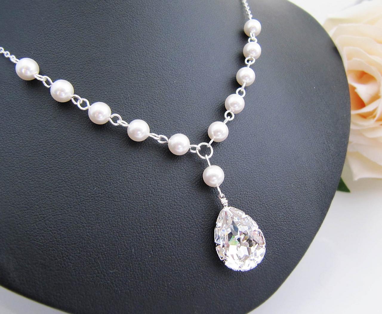 Wedding Bridal Jewelry Bridal Necklace - Crystal White Swarovski Pearls And Clear Swarovski Crystal Drop