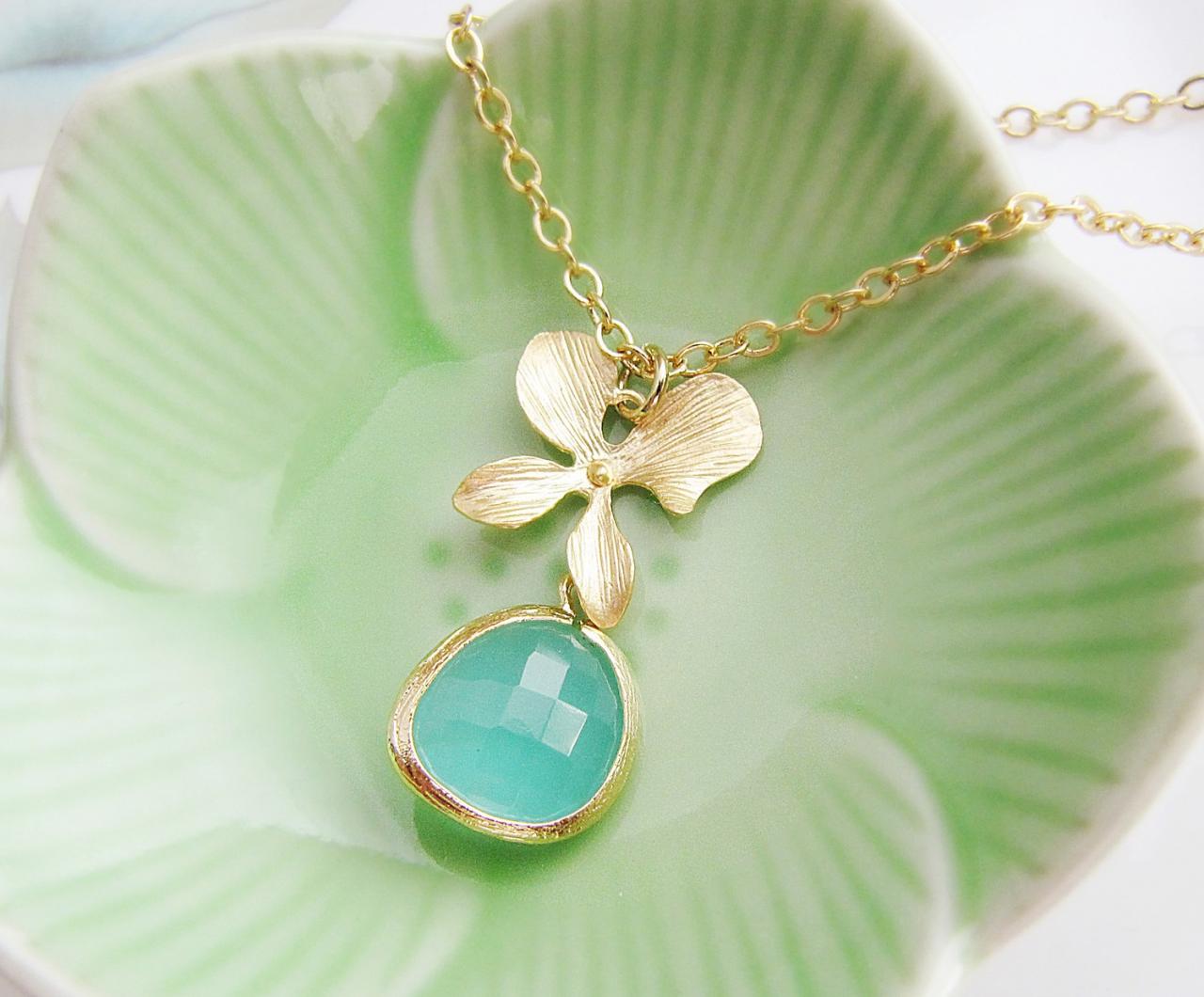 Matte Gold Orchid Flower And Sea Foam Glass Drop Necklace