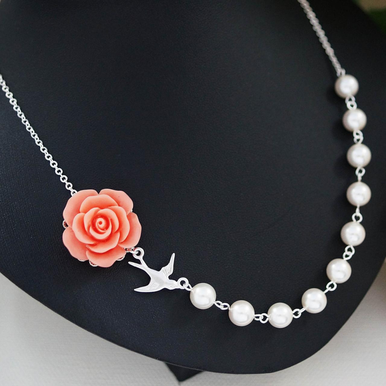 Bridesmaid Gifts Wedding Bridesmaid Jewelry Coral Rose Flower Cabochon And Crystal White Swarovski Pearls Bridal Necklace