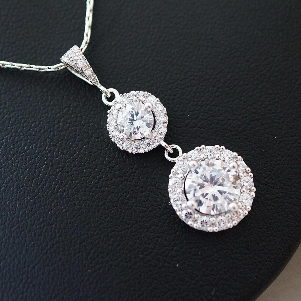 Wedding Jewelry Bridal Jewelry Bridal Necklace Clear White Lux Cubic Zirconia Halo Style Round Drop Necklace