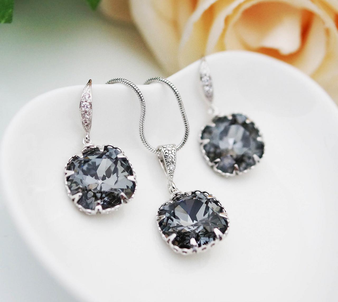 Wedding Jewelry Bridesmaid Jewelry Bridesmaids Gift Silver Night Dark Grey Swarovski Crystal Square Drops Bridal Jewelry Set