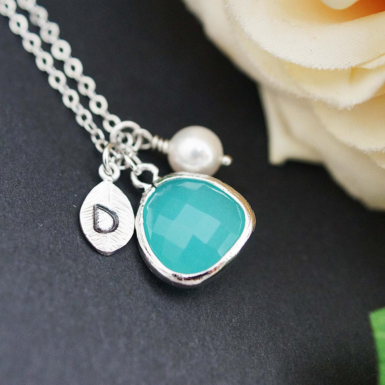 Wedding Jewelry Christmas Gift Bridesmaids Gift Bridesmaid Necklace Bridesmaid Jewelry Personalized Initial Necklace Mint Opal Glass