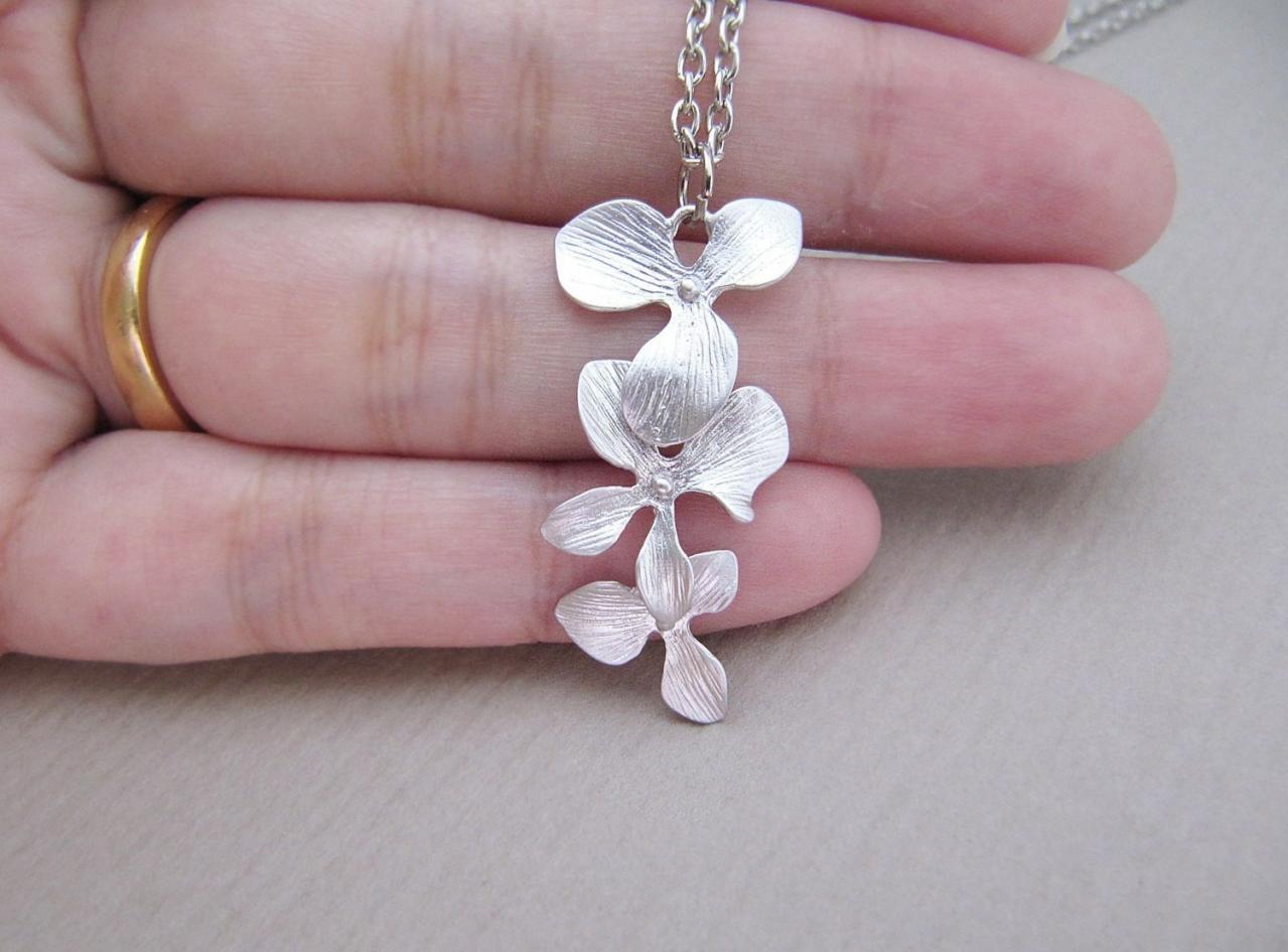 Beautiful Orchid Trio . Matte silver plated triple orchid charm Necklace