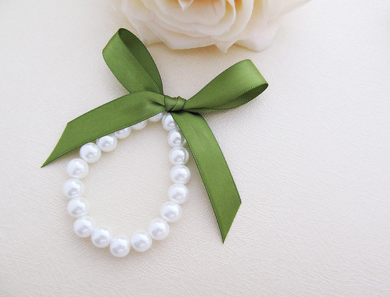 Sweet White Glass Pearls with Ribbon Flower Girls Bracelet - Choose your prefer color