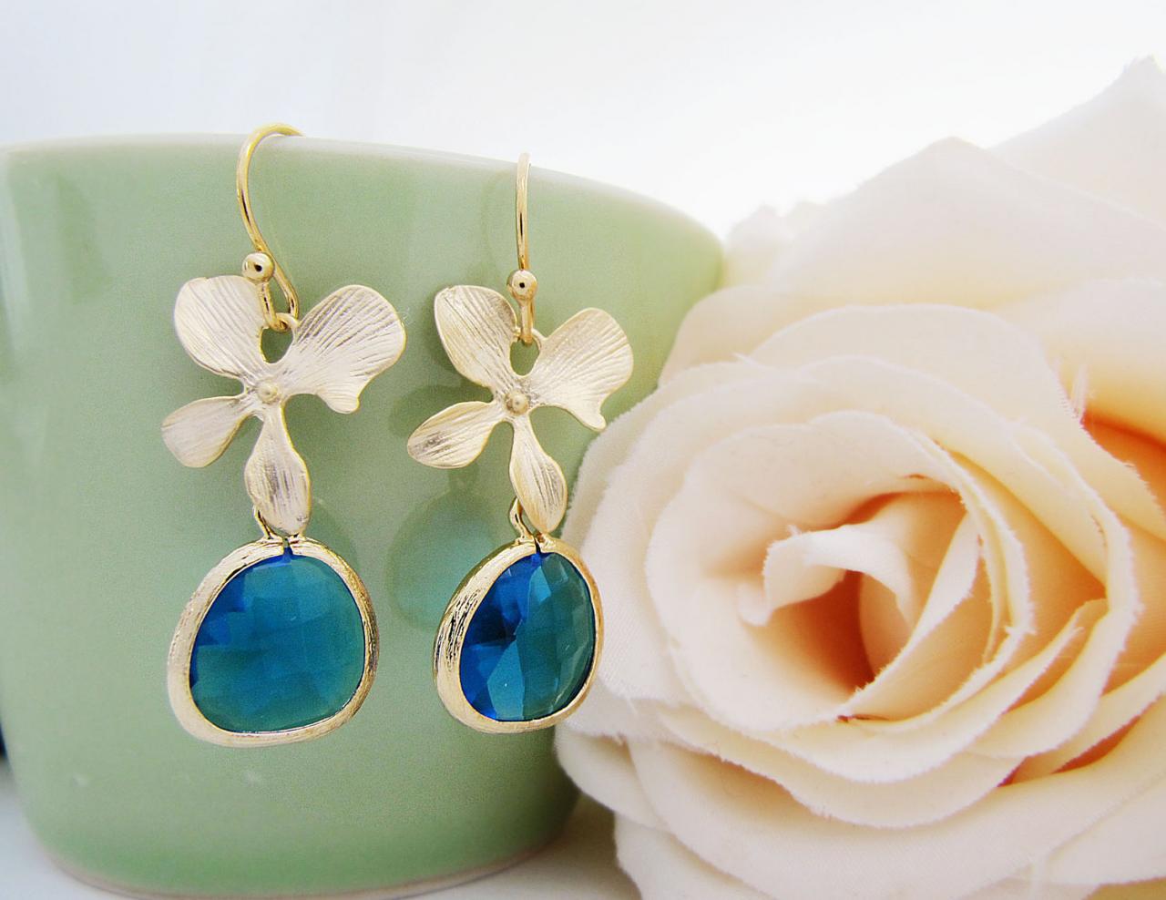 Matte Gold Orchid Flower And Capri Blue Glass Drop Earrings . For Her. Gift For Her. Bridesmaid Earrings