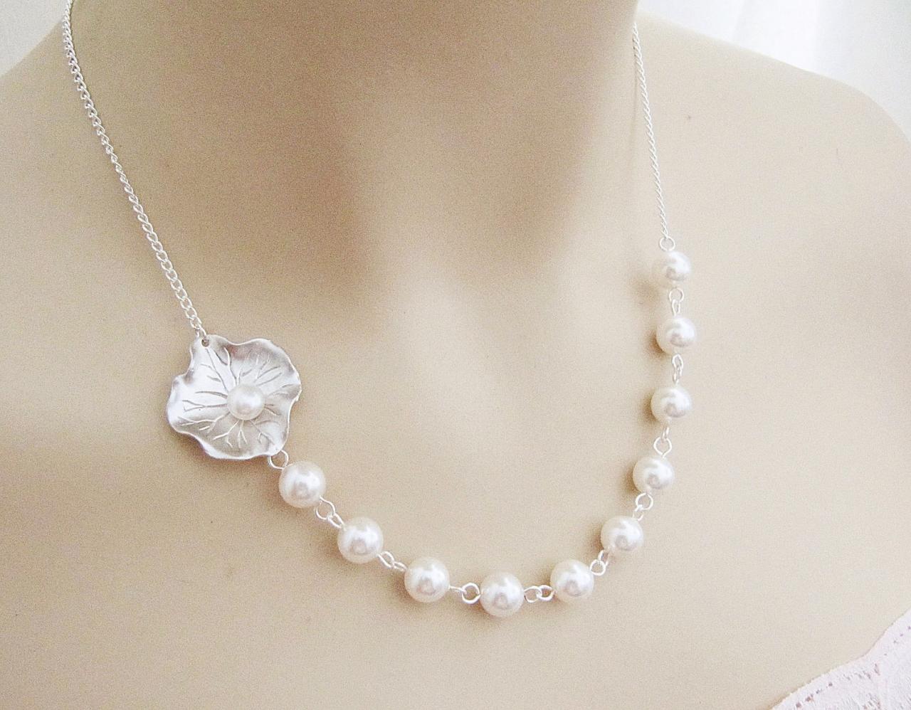 Bridal Necklace Bridesmaid Necklace Matte Rodium Finish Lotus Leaf Charm With Fresh Water Pearl And Crystal White Swarovski Pearls Necklace