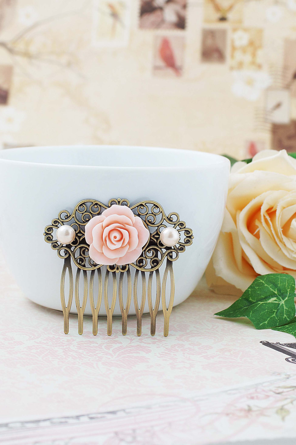 Wedding Hair Accessories Bridesmaids Gift Wedding Hair Comb Vintage Style Pale Pink Rose Flower Bridal Hair Comb Bridal Hair Accessories