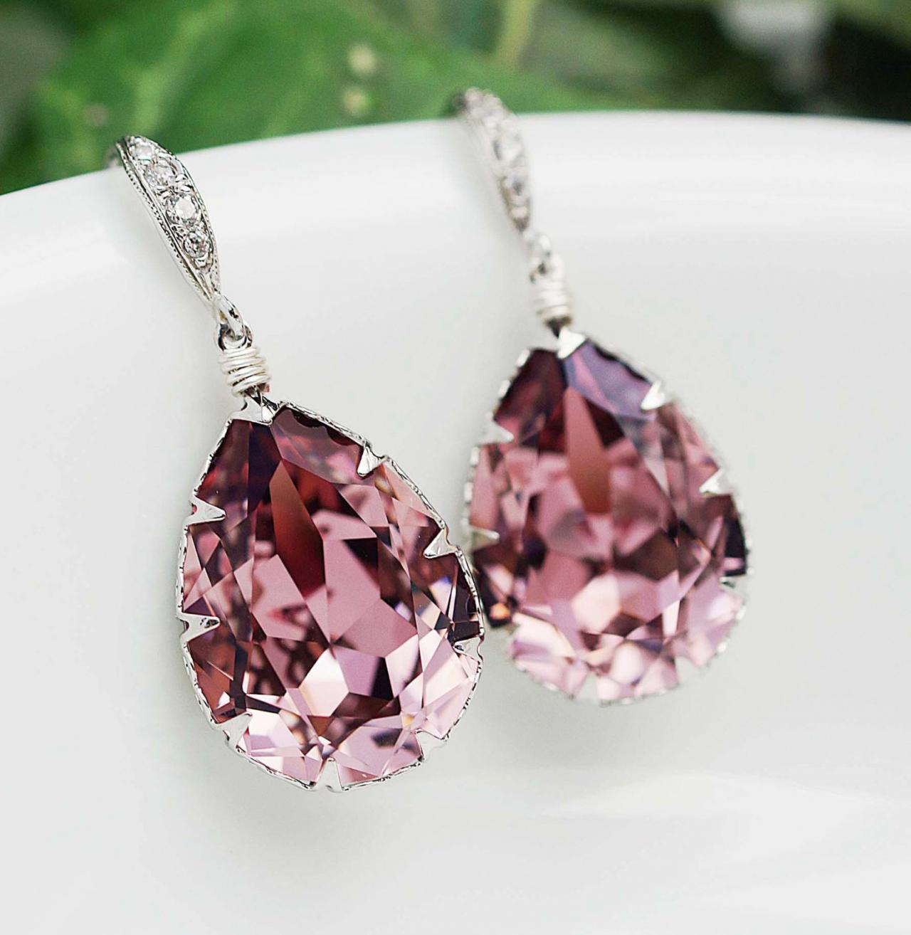 Bridal Earrings Bridesmaid Earrings Cubic Zirconia Ear Wires And Antique Pink Swarovski Crystal Tear Drop Dangle Earrings Wedding Jewelry