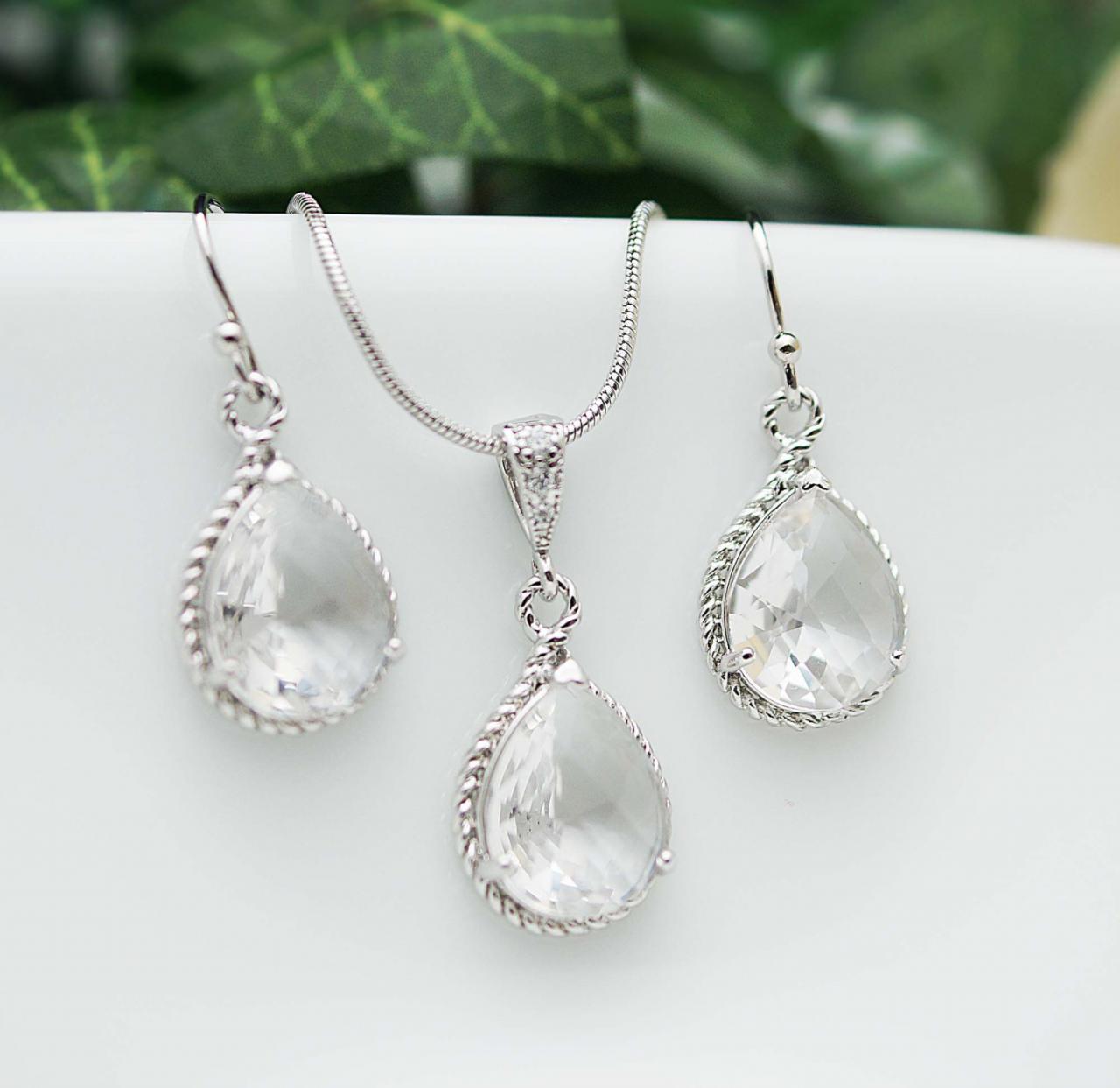 Wedding Jewelry Bridesmaid Jewelry Bridesmaid Earrings Bridesmaid Necklace Clear Glass Rhodium Trimmed Pear Cut Bridesmaid Gift