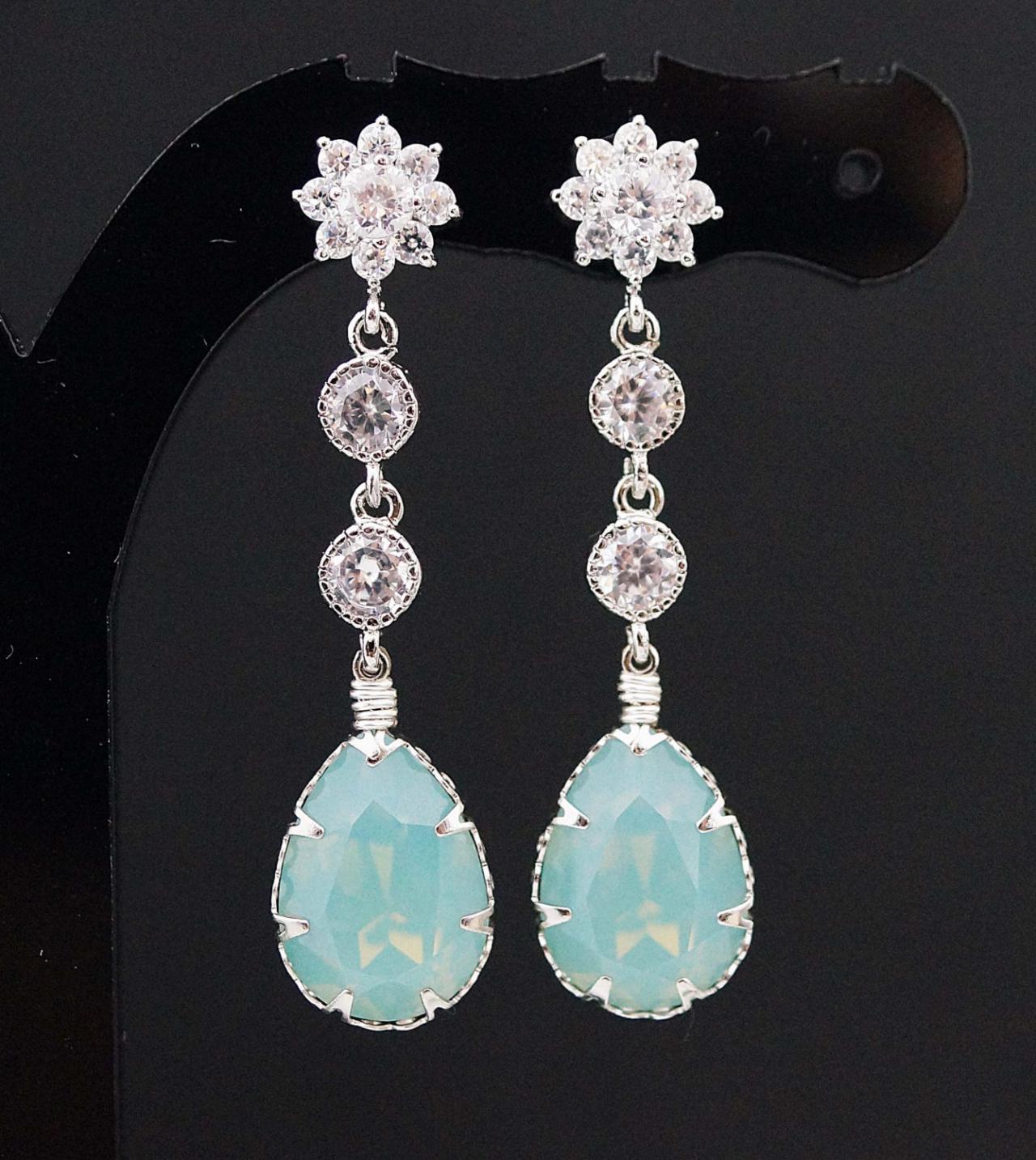 Wedding Bridal Earrings Bridesmaid Earrings Mint Pacific Opal Swarovski Crystal And Cz Connectors Drop Dangle Earrings