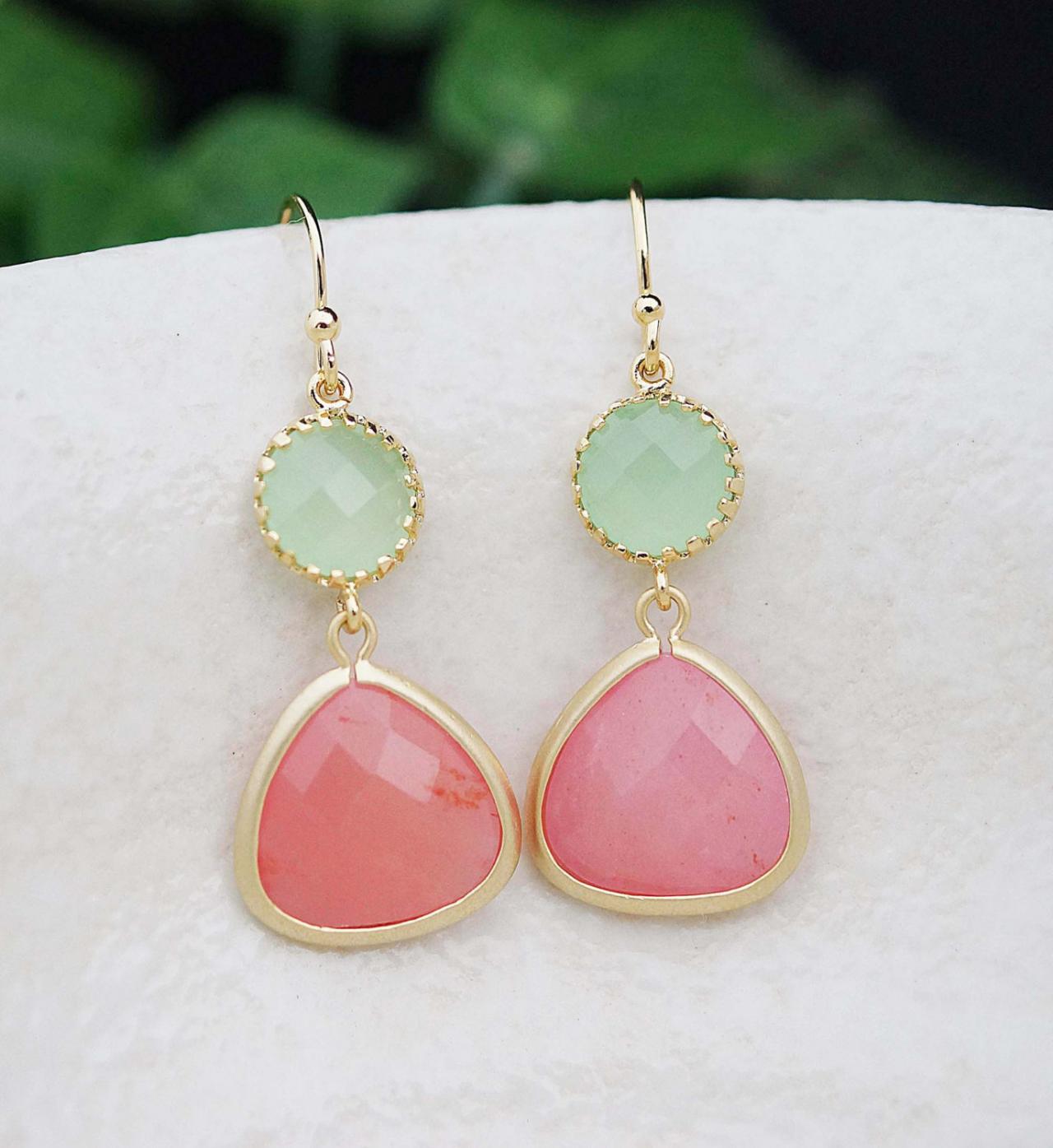 Wedding Jewelry Bridesmaid Earrings Dangle Earrings Gold Framed Baby Pink Jade And Light Apple Green Drop Earrings
