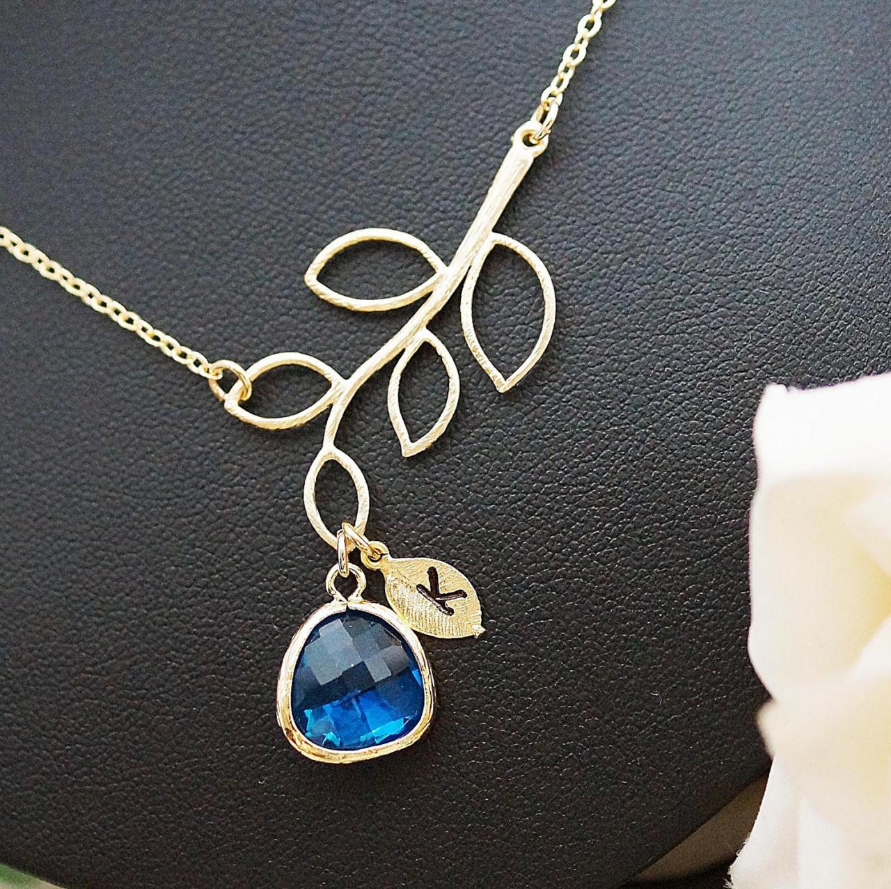 Personalized Necklace Bridesmaid Gift Simple Leaf With Capri Blue Glass Drop And Initial Leaf Charm Necklace , For Her. Gift For Her