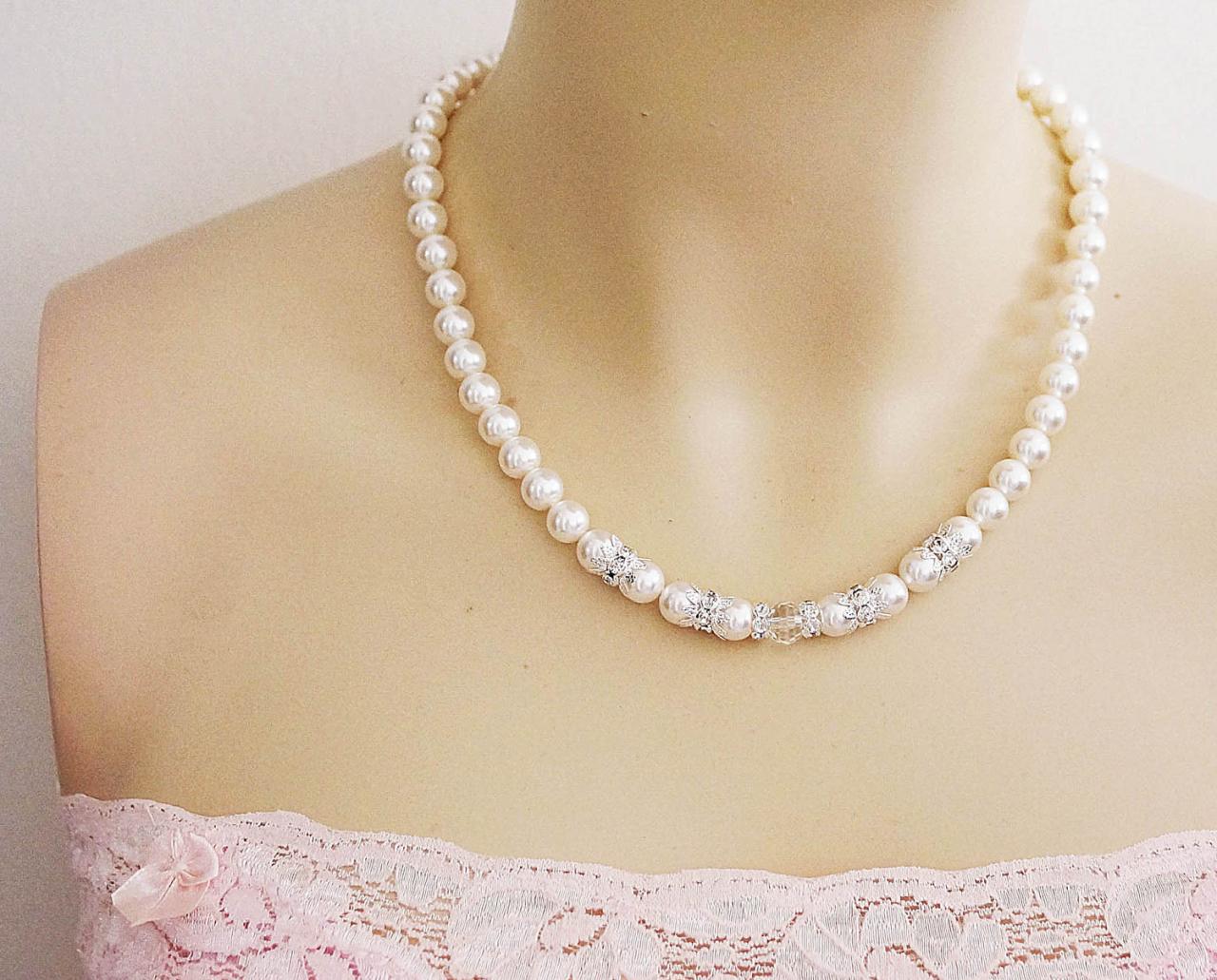 Wedding Jewelry Bridal Necklace Elegant Crystal White Swarovski Pearls With Rhinestone Spacer Beads