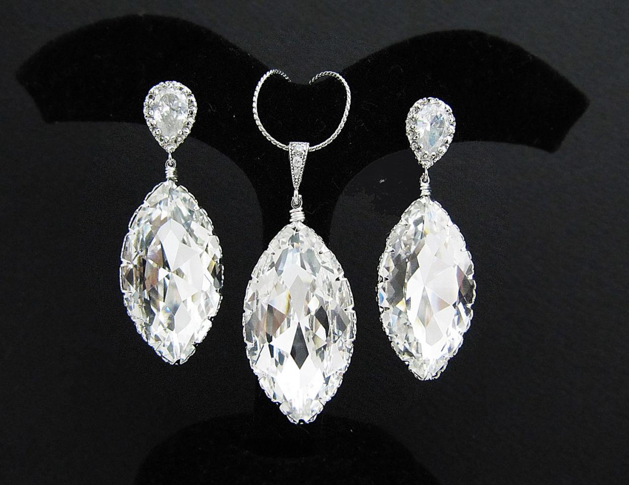 Clear White Swarovski Crystal Navette Drops Bridal Necklace And Earrings Jewelry Set