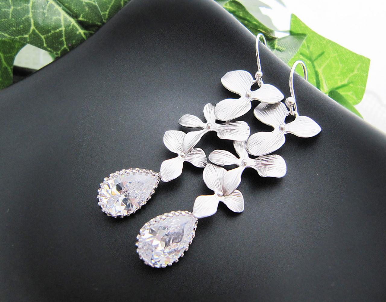 Matte Rodium Orchid Trio Dangle With Cubic Zirconia Tear Drops Bridal Bridesmaid Earrings