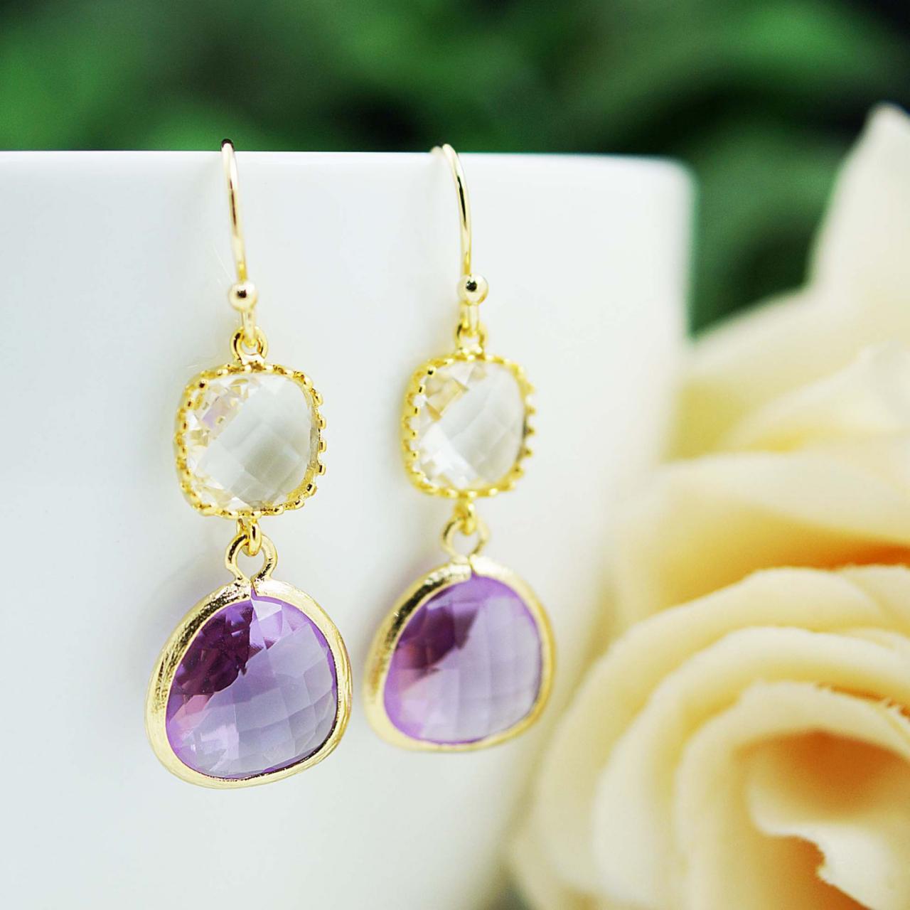 Wedding Jewelry Bridesmaid Gift Bridesmaid Earrings Dangle Earrings Gold Framed Clear White And Dark Lilac (purple) Glass Drop Earrings