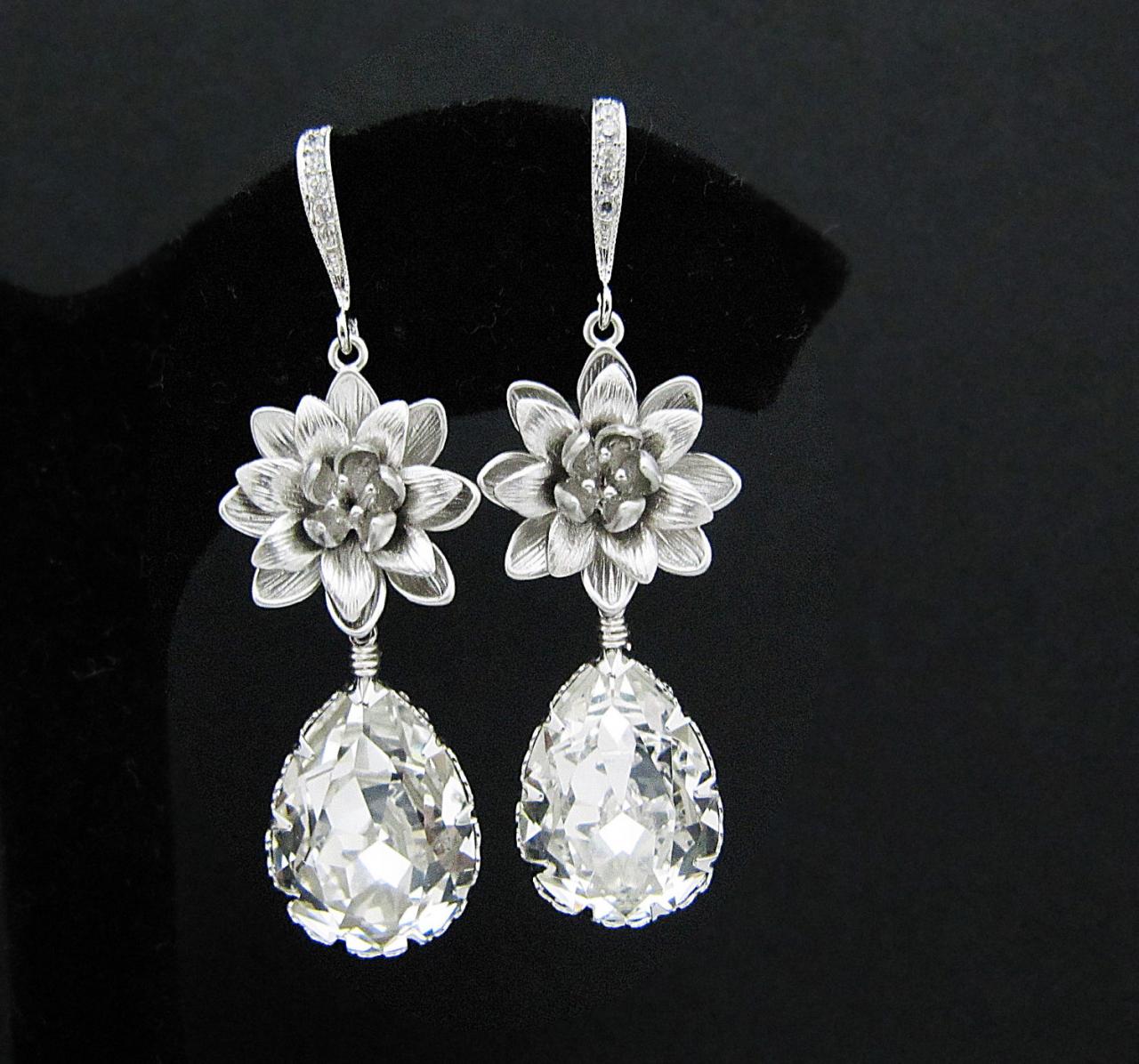 Bridal Earrings Bridesmaid Earrings Matte rodium flower with and Clear White Swarovski Crystal Tear drops