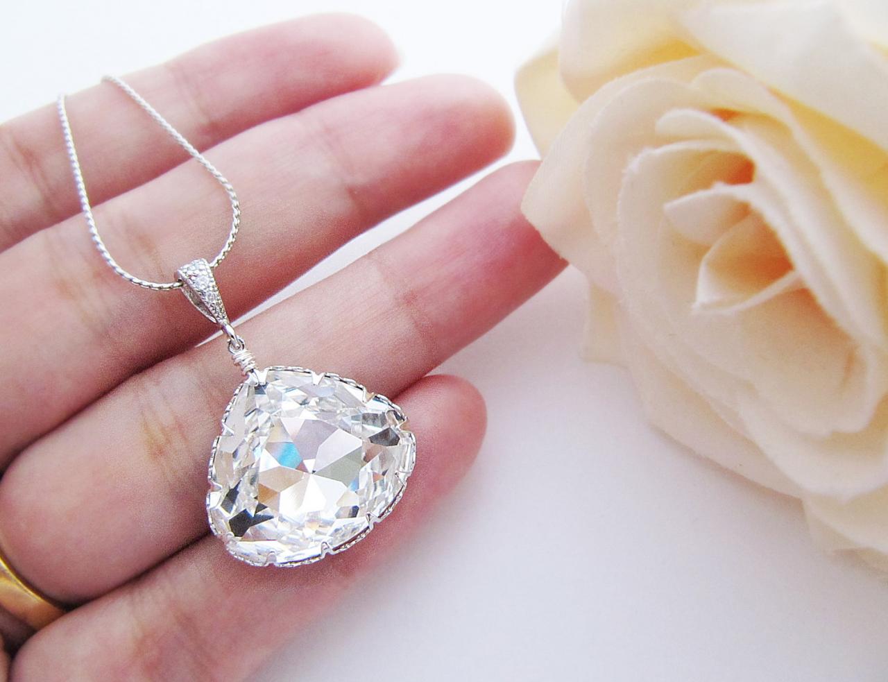 Bridal Necklace With Clear White Swarovski Crystal Large Triangle Drop