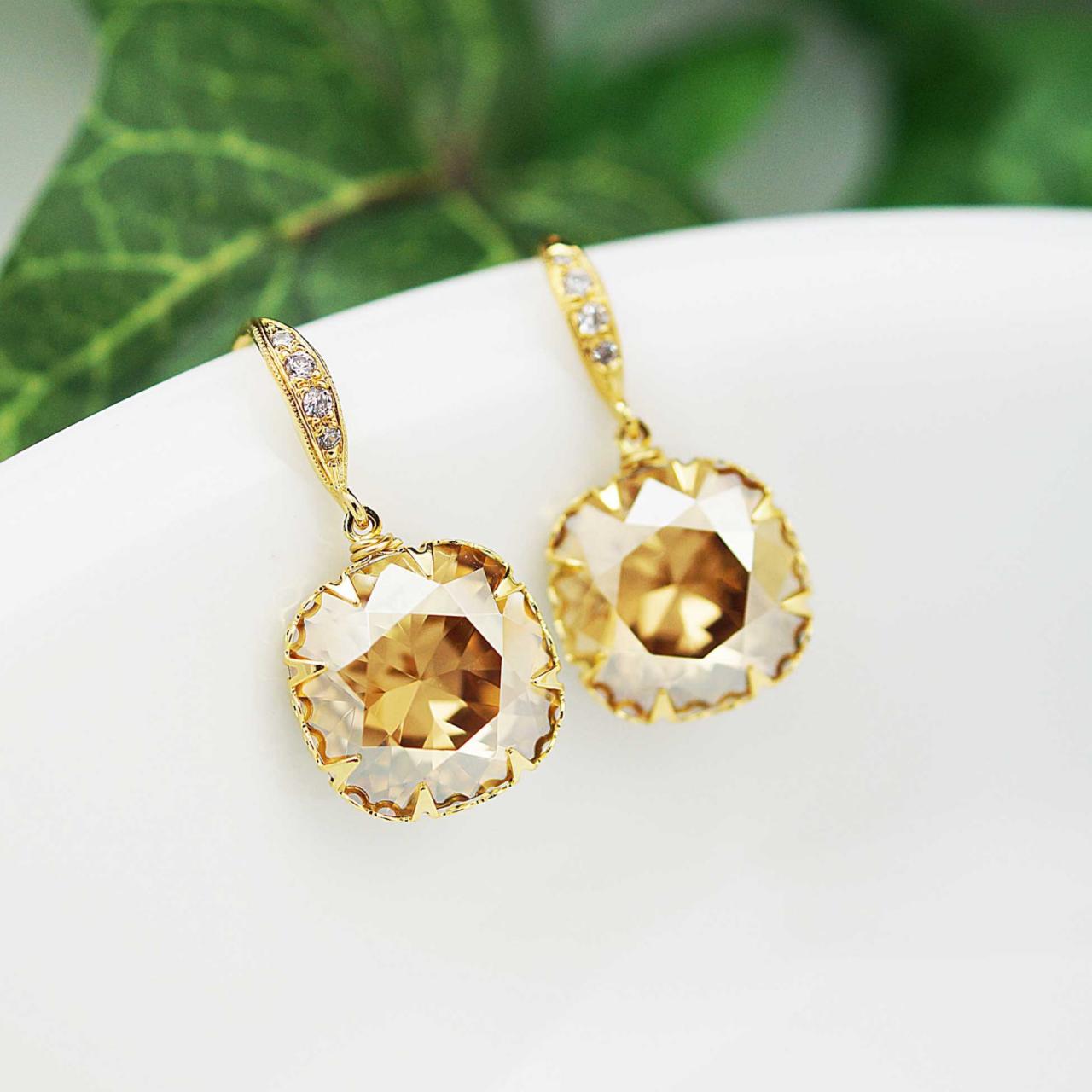 Bridal Earrings Bridesmaid Earrings Gold Plated Sterling Silver Ear Hooks And Golden Shadow Swarovski Crystal Square Drops