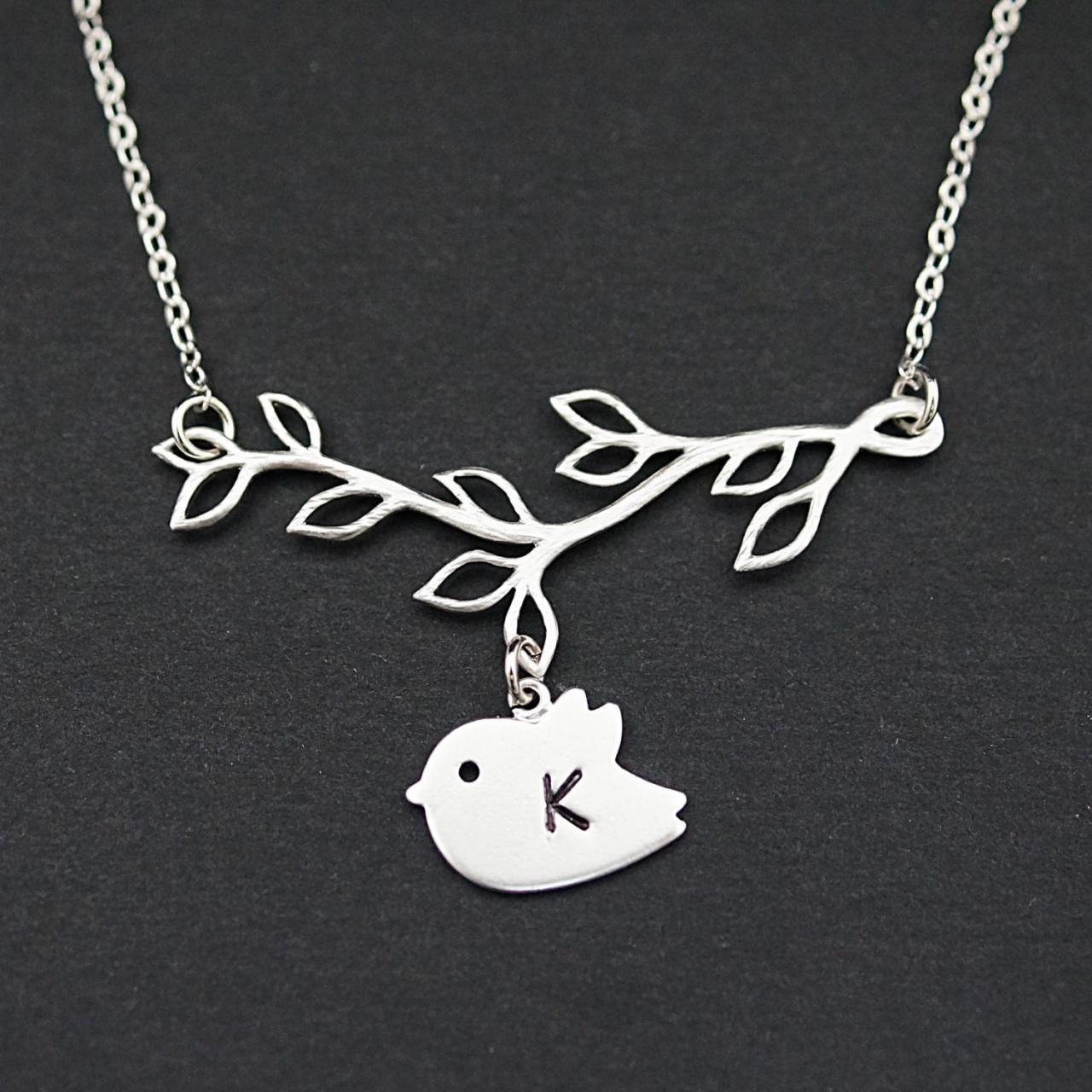 Initial Necklace, Personalized Jewelry, Twig With Mini Initial Bird Charm Personalized Necklace Name Necklace, Christmas Gift