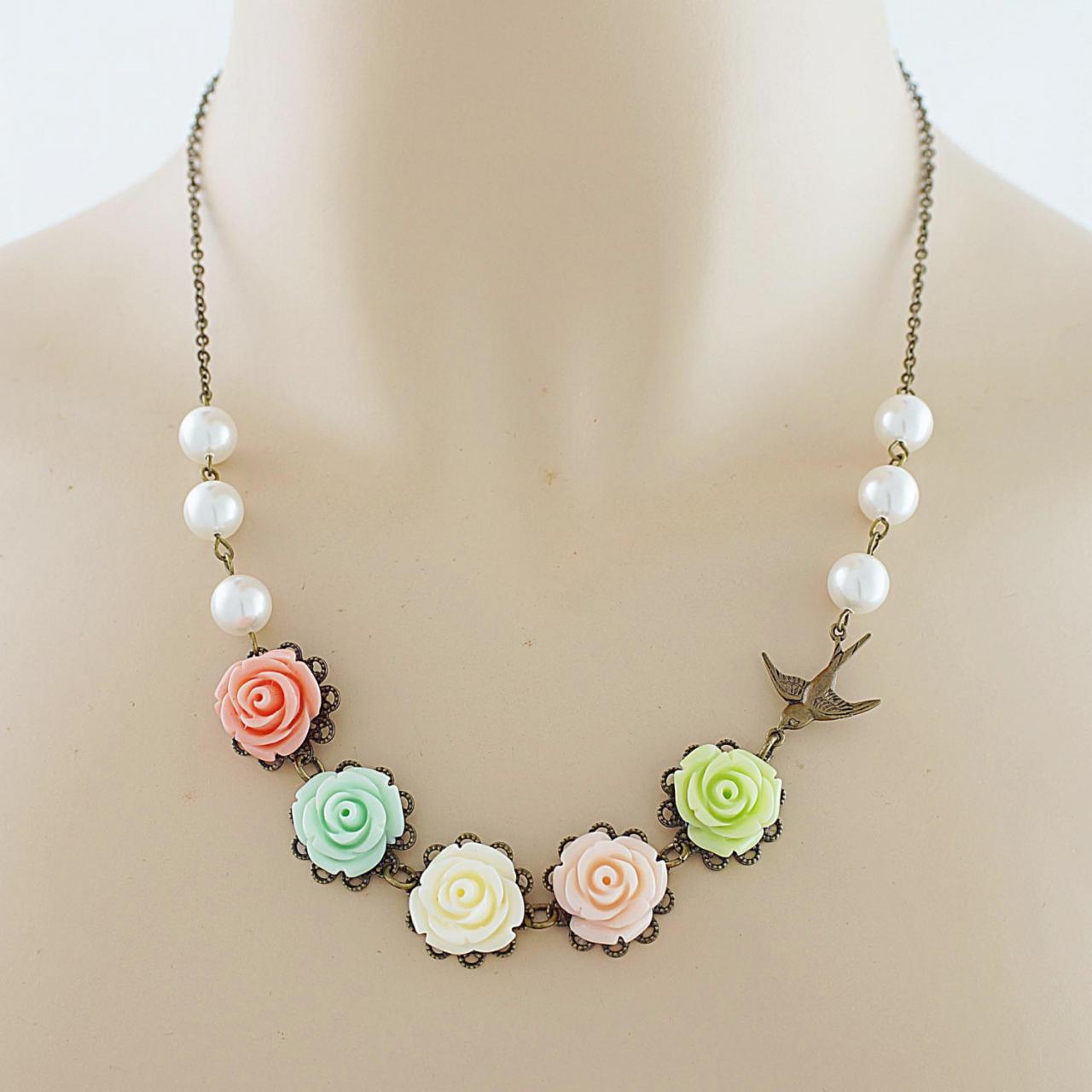 Bridal Necklace Bridesmaid Necklace Garden Of Roses - Colorful Rose Flower Cabochons And Red Bamboo Coral Beads Necklace