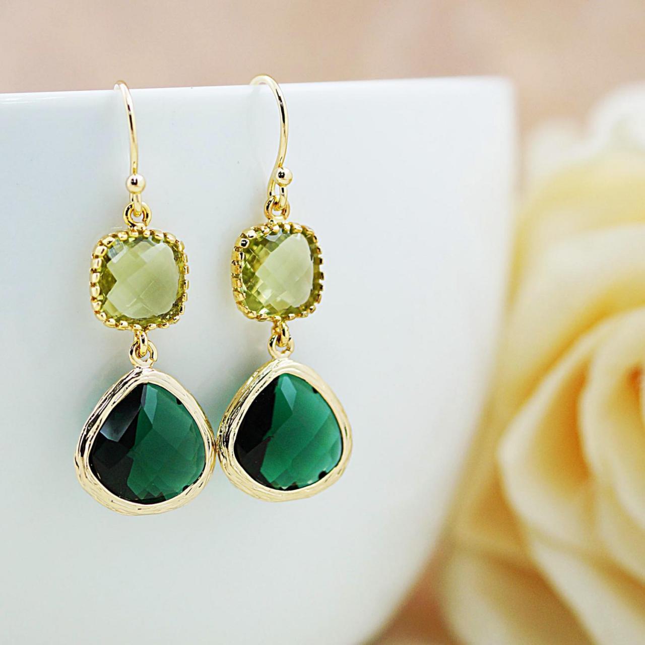 Wedding Jewelry Bridesmaid Earrings Dangle Earrings Gold Framed Emerald And Olive Glass Drop Earrings