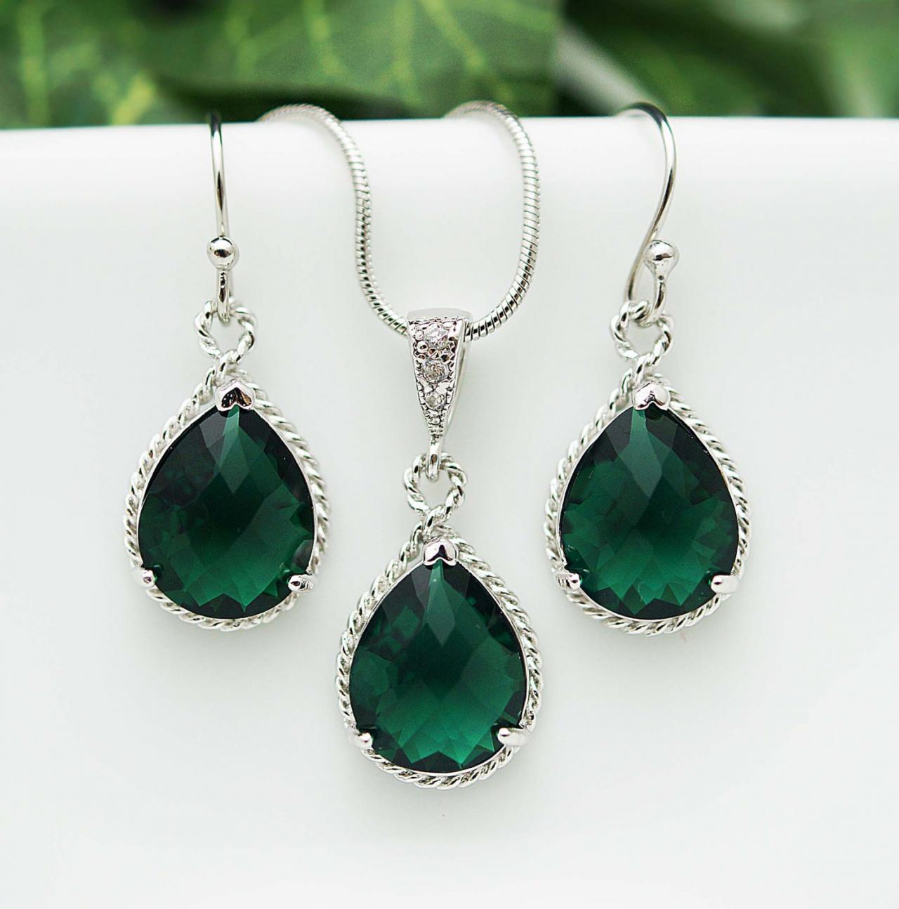 Wedding Jewelry Bridesmaid Jewelry Bridesmaid Earrings Bridesmaid Necklace Emerald Glass Rhodium Trimmed Pear Cut Bridesmaid gift