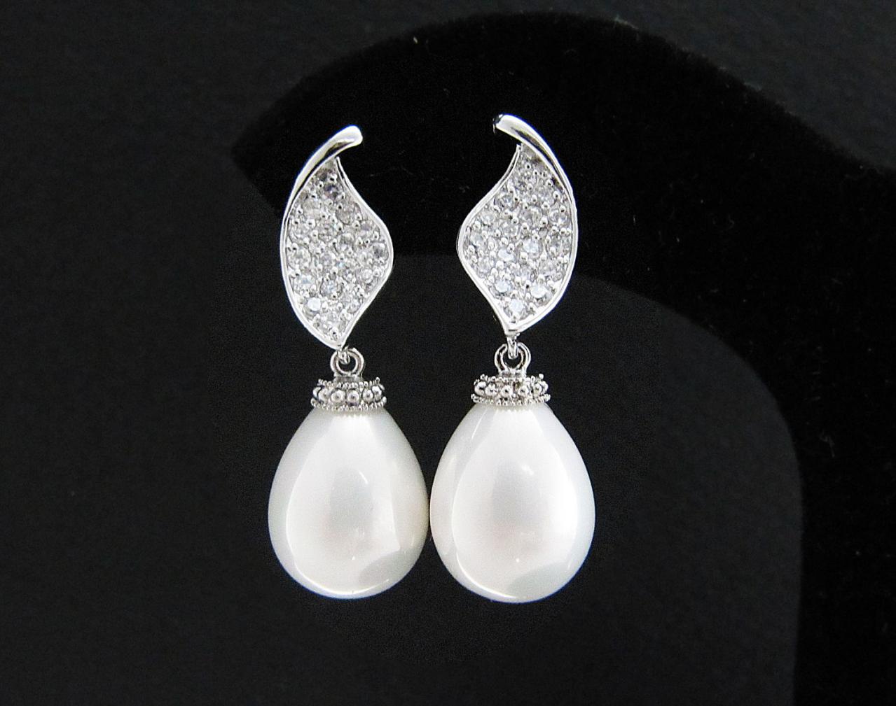 Bridal Earrings Bridesmaid Earrings Rodium Plated Cubic Zirconia Ear Posts With White Shell Based Pearl (l) Tear Drops Bridal Jewelry